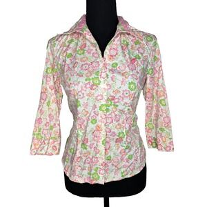 Pappagallo Petite Floral Button Front Blouse Top Pink Green Spring Print PS